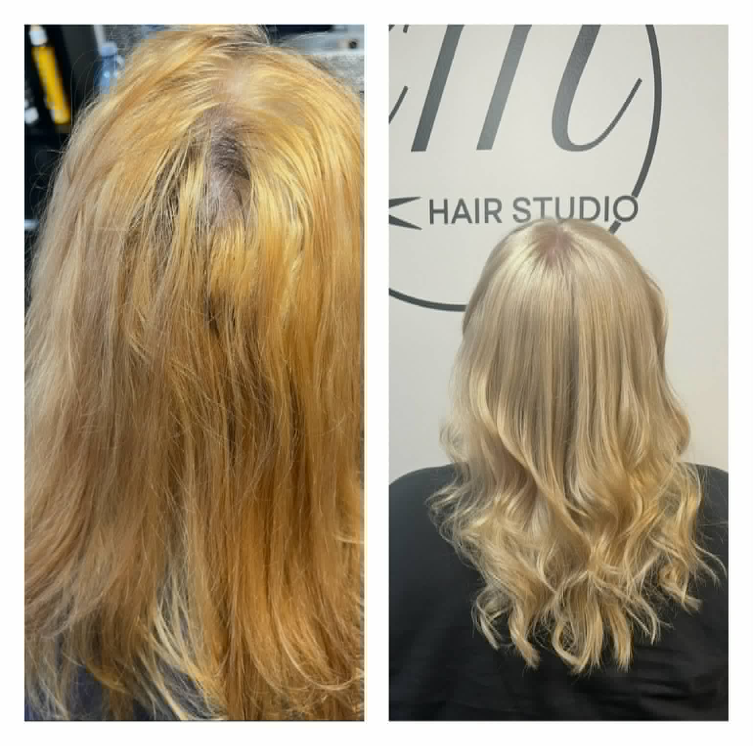 Before and after: brassy blonde corrected to a soft, even icy blonde