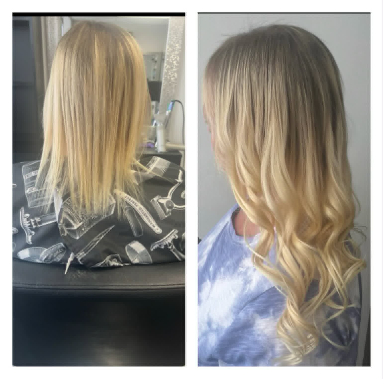 Before and after: soft blonde balayage with loose curls
