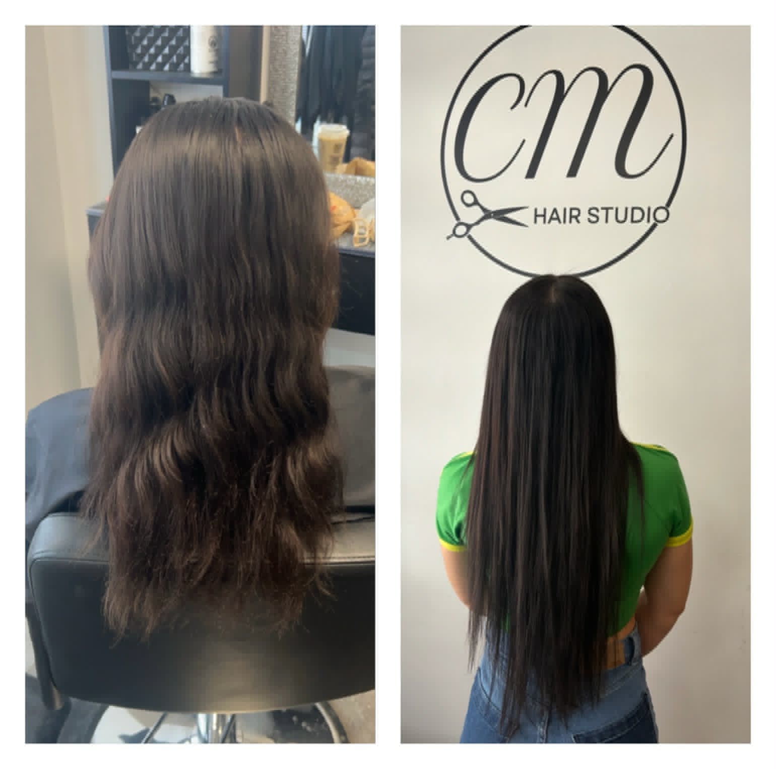 Before and after: shoulder-length dark hair transformed with long, seamless Nano-Link extensions